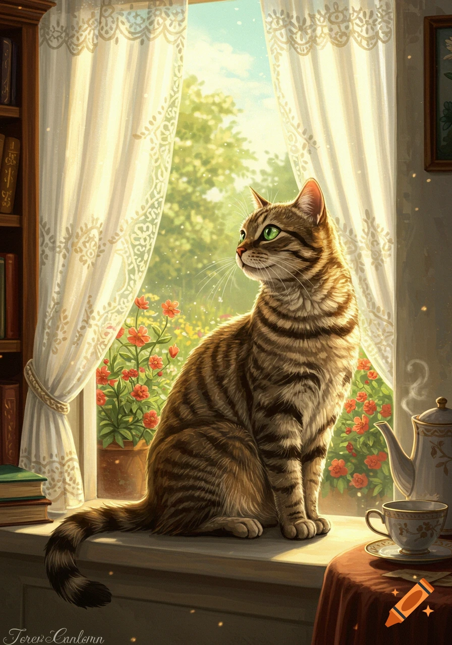 A striped tabby cat with green eyes sits on a sunlit window sill, looking out at a garden, with lace curtains and a teacup nearby.