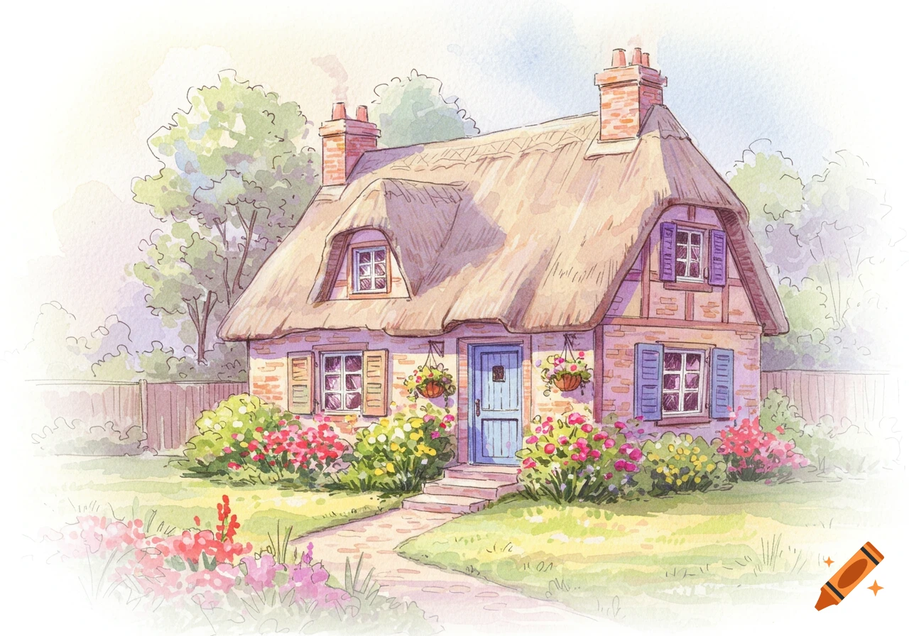A quaint watercolor illustration of a thatched-roof cottage with a blue door, surrounded by lush green bushes and colorful flowers.