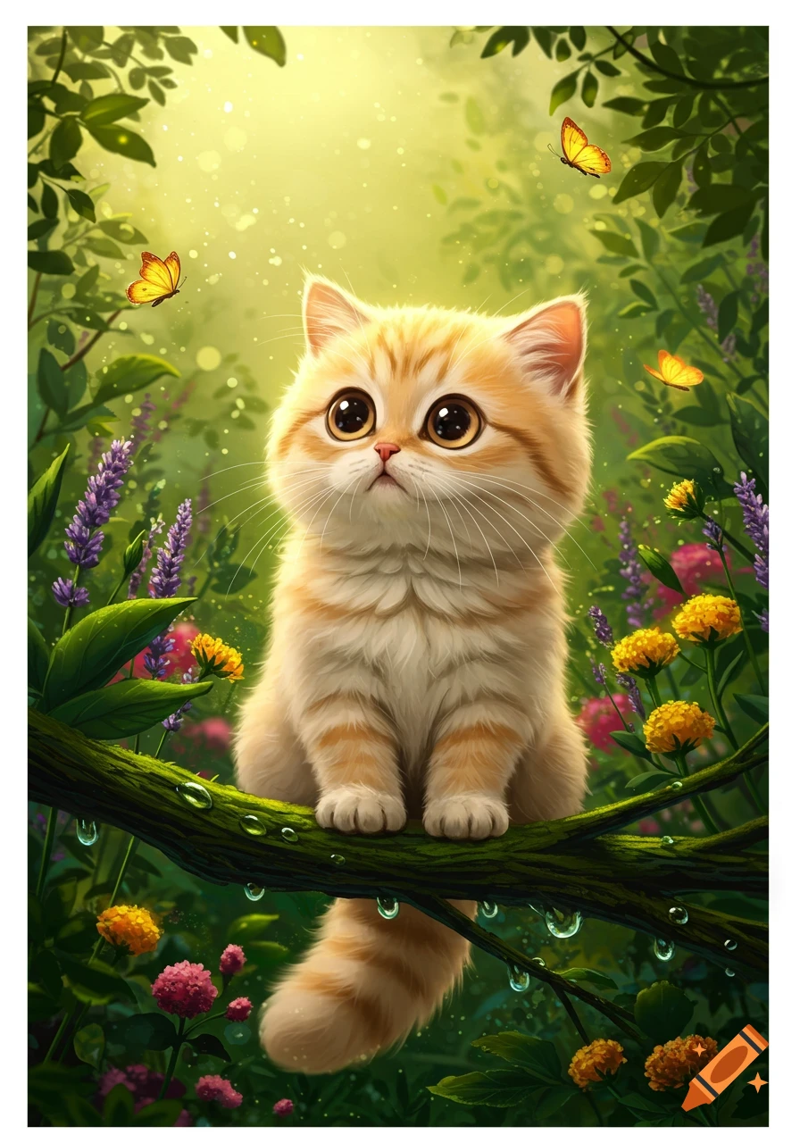 A fluffy orange and white kitten with large eyes sits on a mossy branch ...