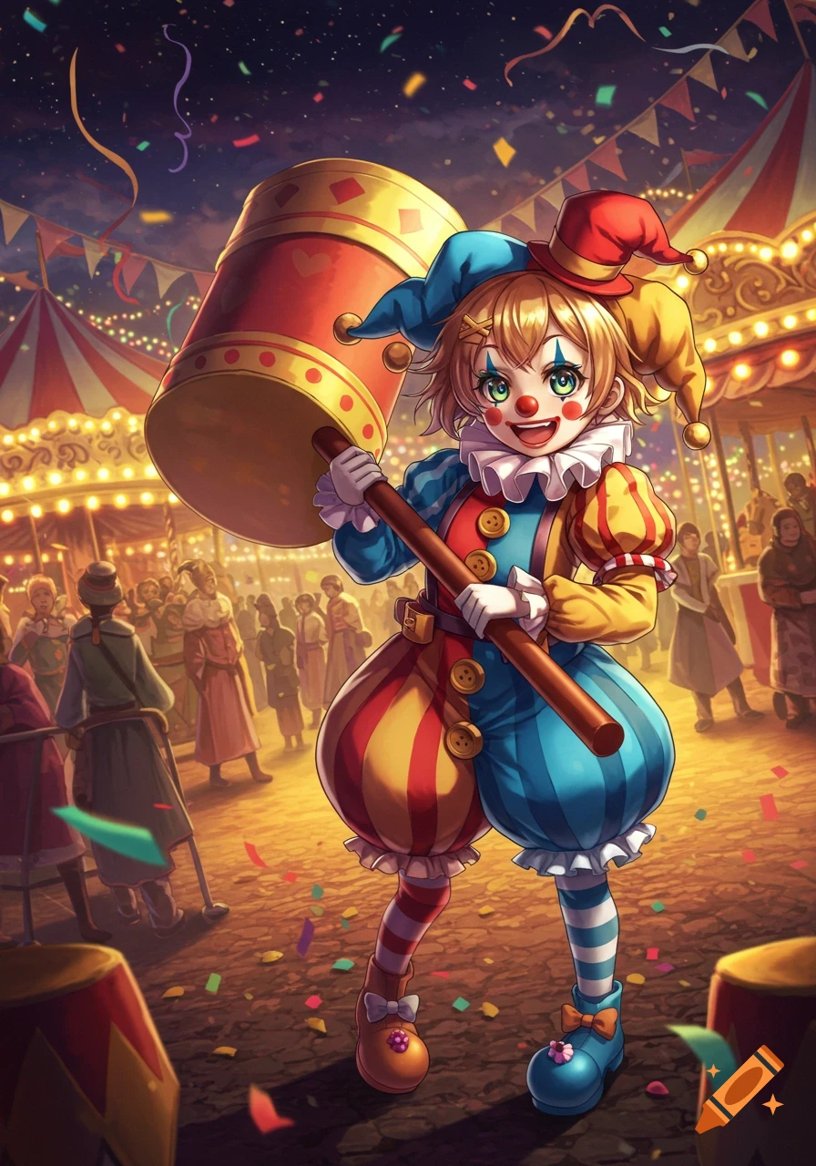 Anime clown girl holding a large hammer at a vibrant night carnival with confetti.