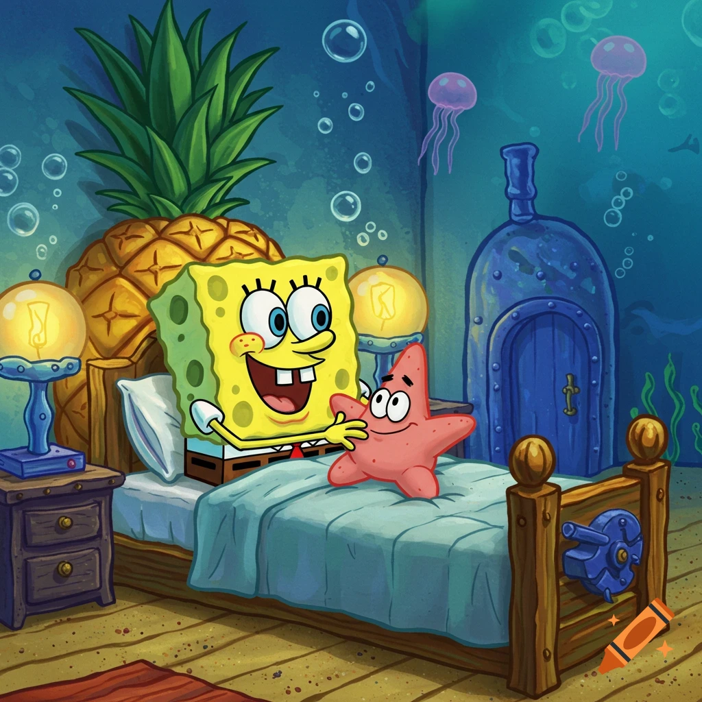 SpongeBob SquarePants and Patrick Star in bed inside SpongeBob's pineapple house, underwater, in a cartoon style.