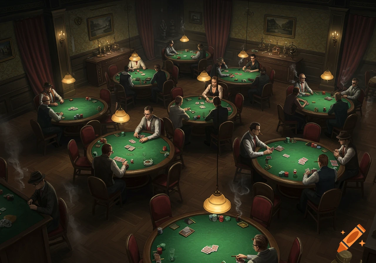 Overhead view of a dimly lit, atmospheric poker room with many men in vests and suits playing cards at green felt tables.