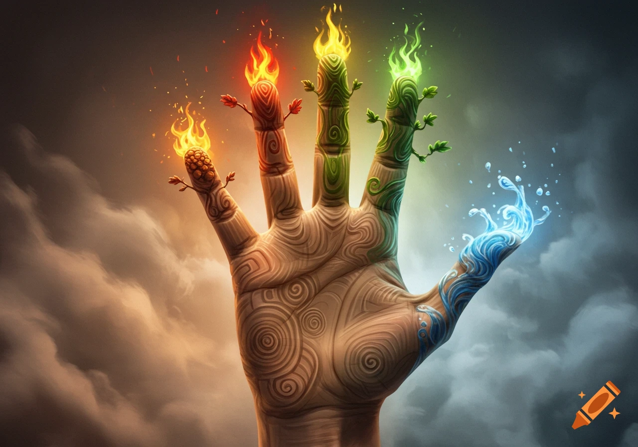 A stylized hand with fingers representing the elements of fire, earth, wood, and water, set against a cloudy sky.