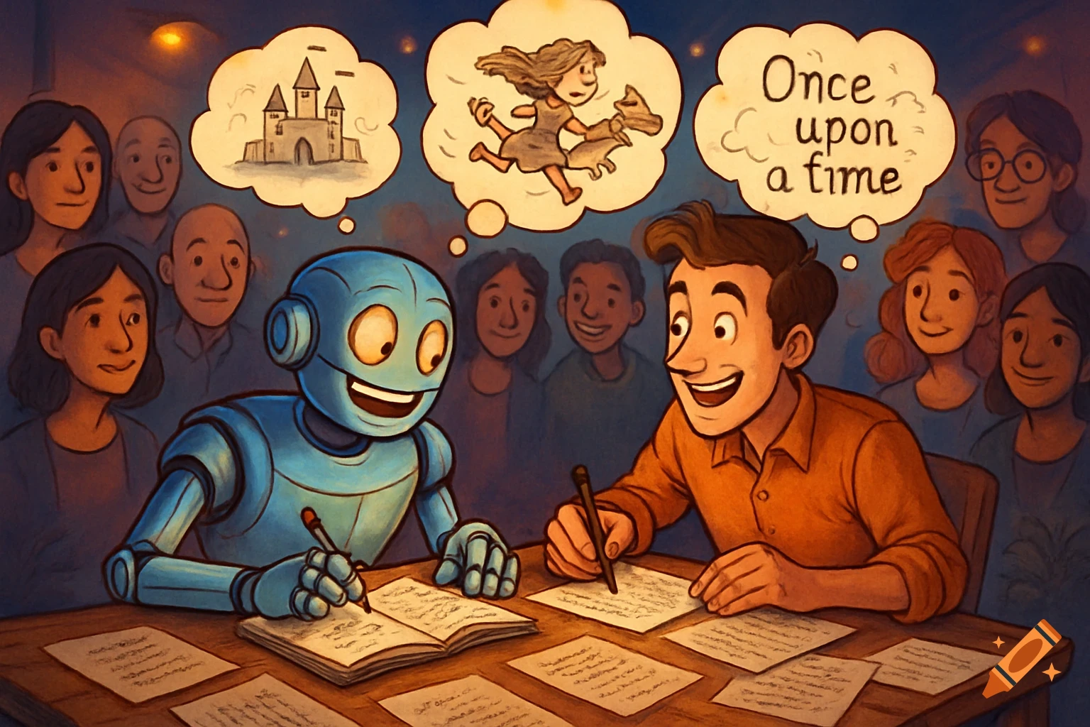 A cheerful robot and a human man sit at a table, collaboratively writing a story. Thought bubbles show a castle, a running girl with a dog, and the words "Once upon a time." A diverse audience watches them with interest in this digital art illustration.