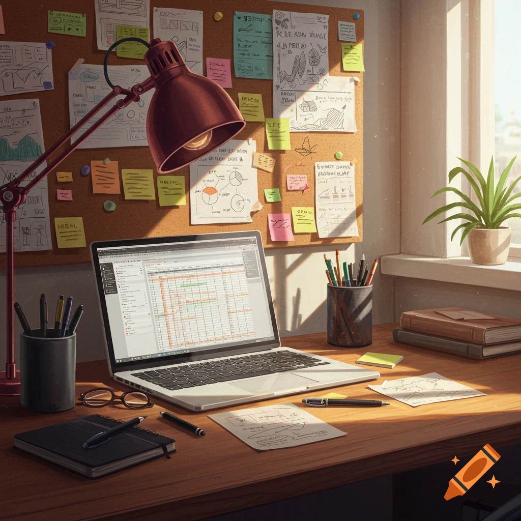 A sunlit desk with a laptop displaying a spreadsheet, a red desk lamp, pens, books, and a corkboard covered in notes and diagrams.