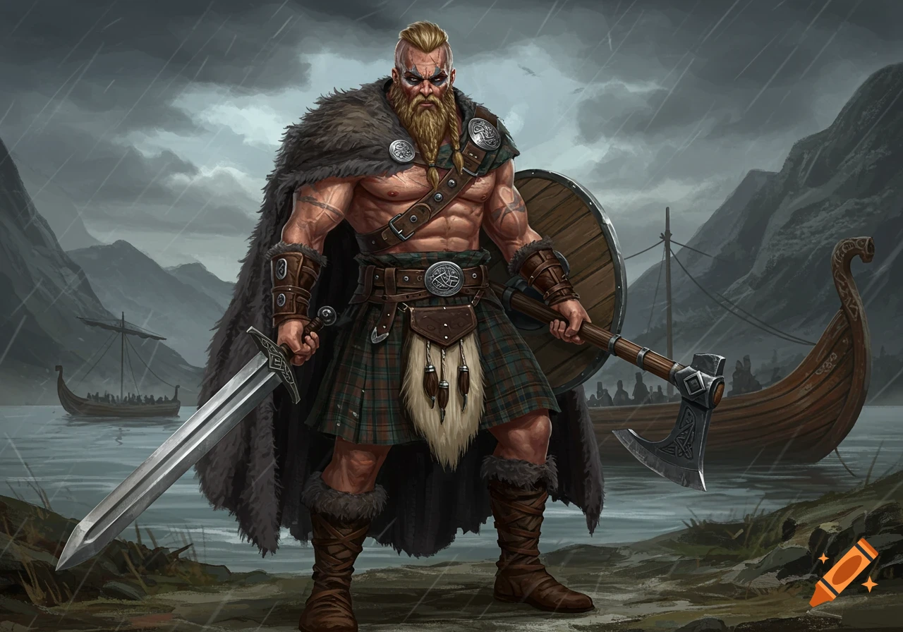 A muscular Viking warrior in a kilt and fur cloak stands with a sword and axe by a rainy lake with longships and mountains.