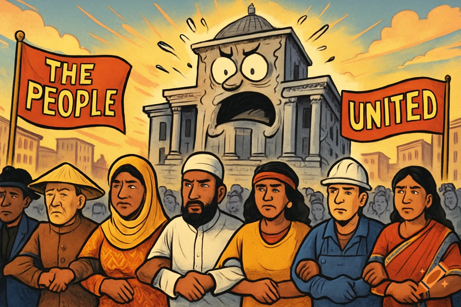 A political cartoon depicts a diverse group of people with interlocked arms under flags reading 'THE PEOPLE UNITED' facing a scared government building.