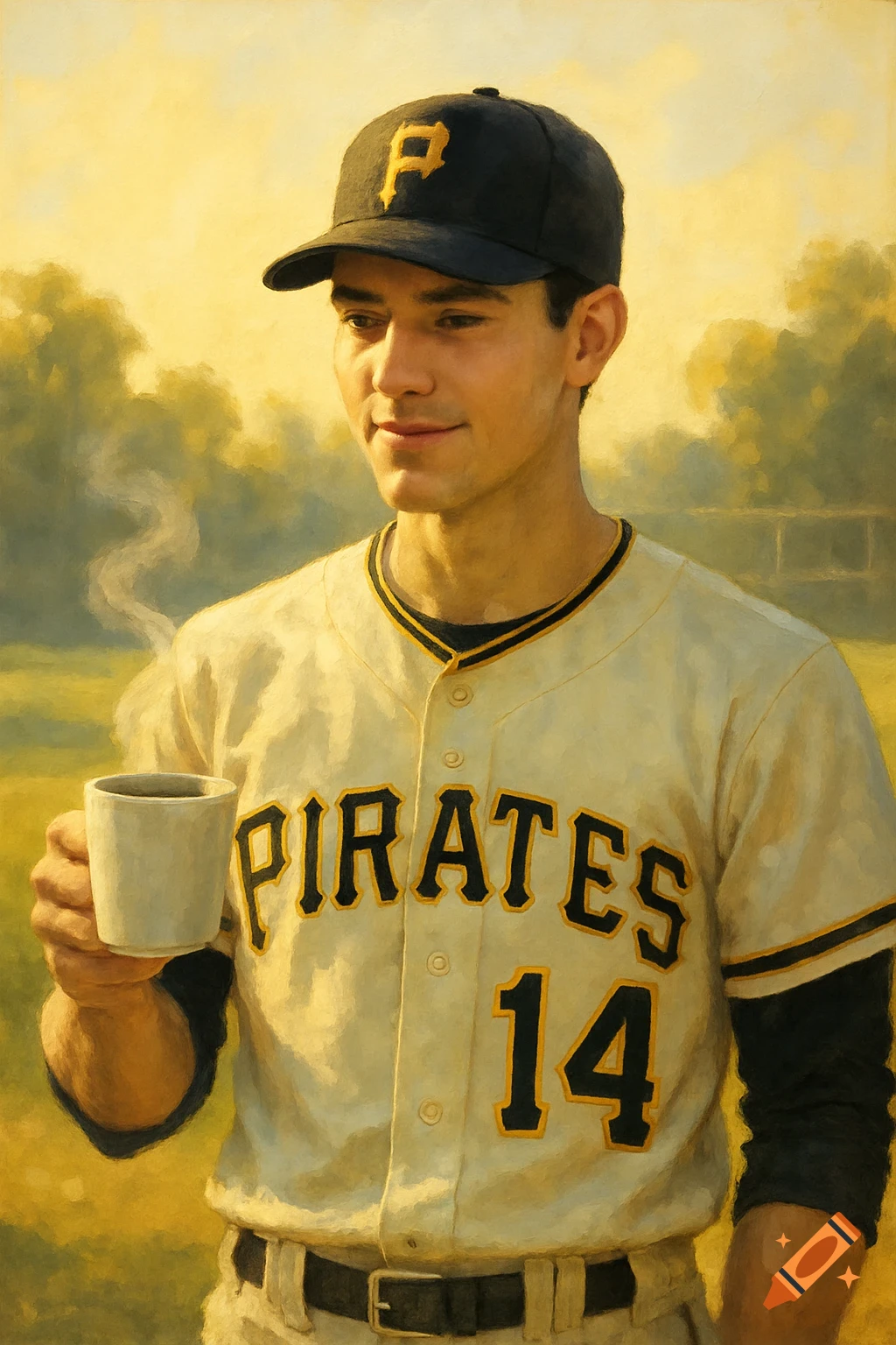 Young man in a painterly portrait, wearing a Pittsburgh Pirates baseball uniform with 'PIRATES 14' and a 'P' cap, holding a steaming coffee cup.