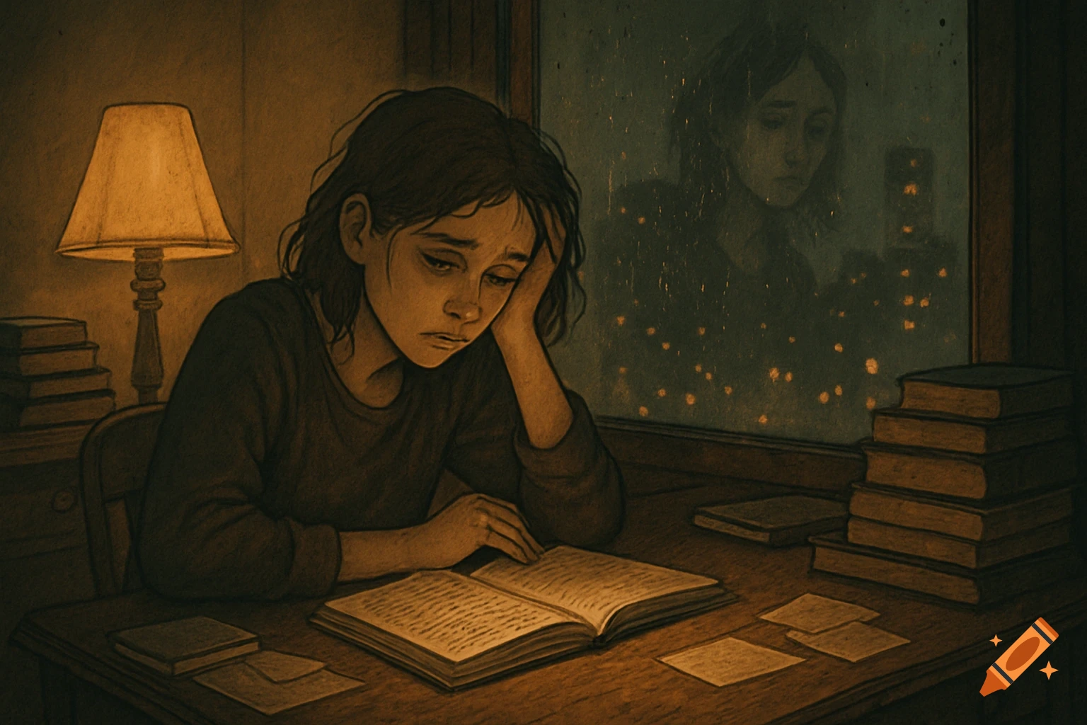 A somber young woman with dark hair sits at a desk under a lamp, reading an open book. Stacks of books and papers are on the desk, and a window behind her reflects city lights and her pensive silhouette in a charcoal drawing style.