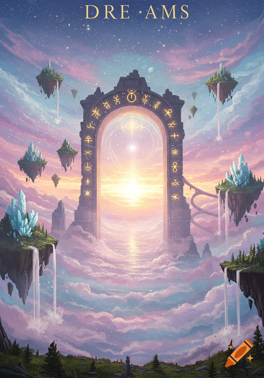 A vibrant fantasy landscape with a glowing archway, floating islands, waterfalls, and the word DREAMS under a starry sky.