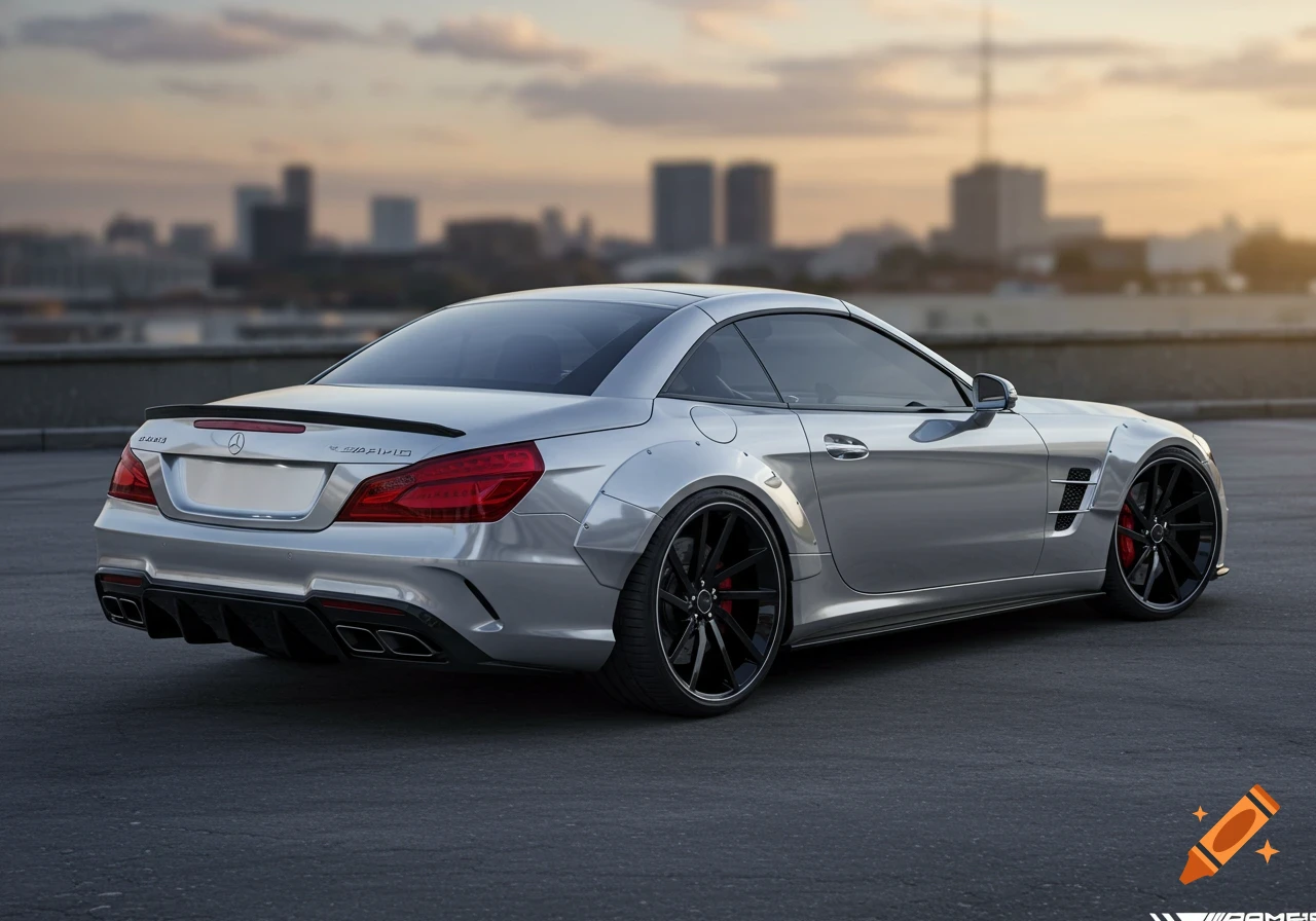 Silver Mercedes-Benz SL 63 with wide body kit, parked on asphalt with a blurred city skyline background at sunset.