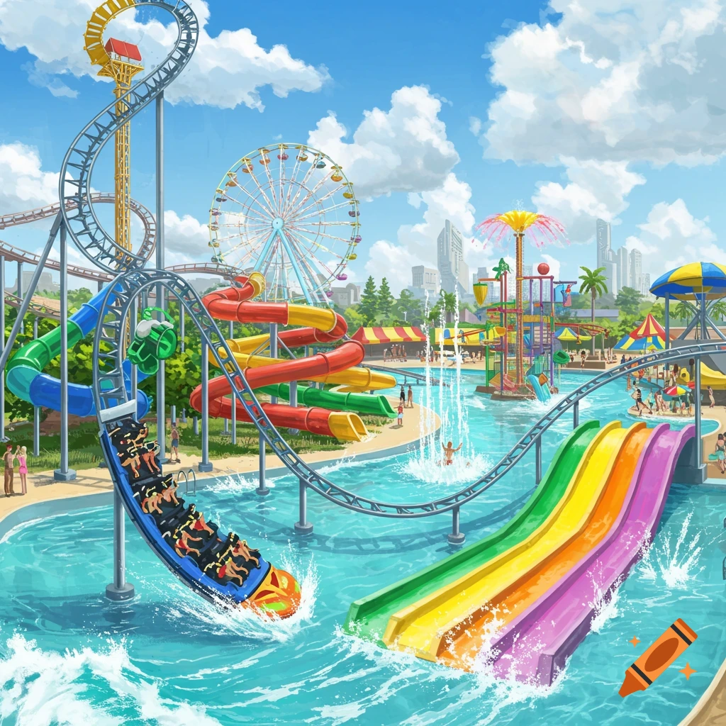 A vibrant, cartoon-style illustration of a busy amusement and waterpark, featuring a rollercoaster, water slides, a Ferris wheel, and a splash pad under a sunny sky.