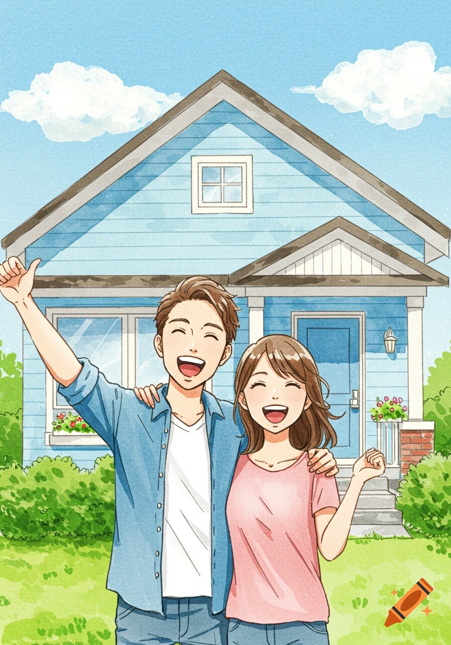 A happy couple smiling and embracing in front of their new blue house in a watercolor illustration.