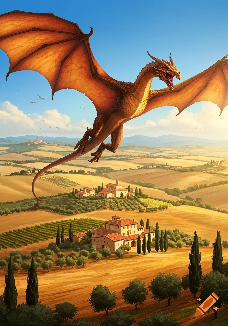 A large golden-orange dragon with leathery wings soars over a sunny ...