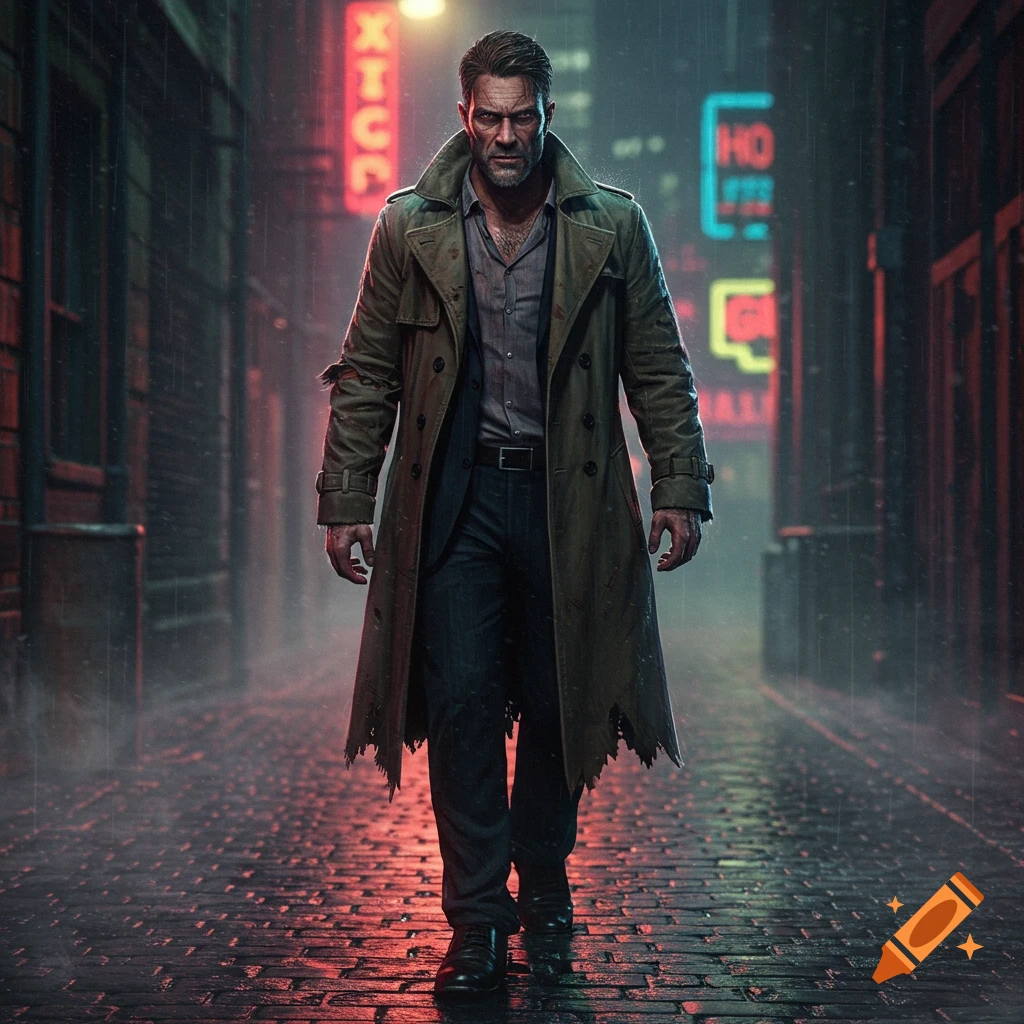 A grim man in a trench coat walks down a wet, neon-lit alley in the rain.
