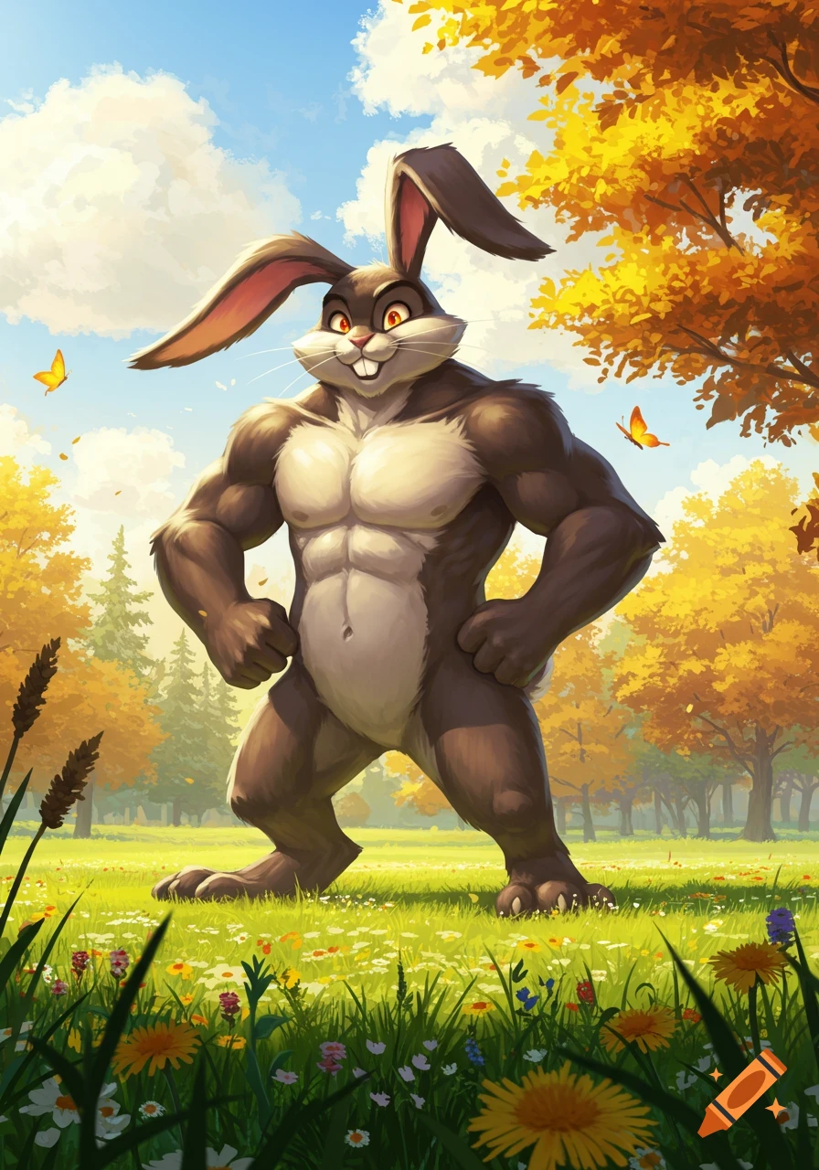 A muscular, anthropomorphic Big Chungus rabbit stands confidently in a vibrant autumn field, illustration.