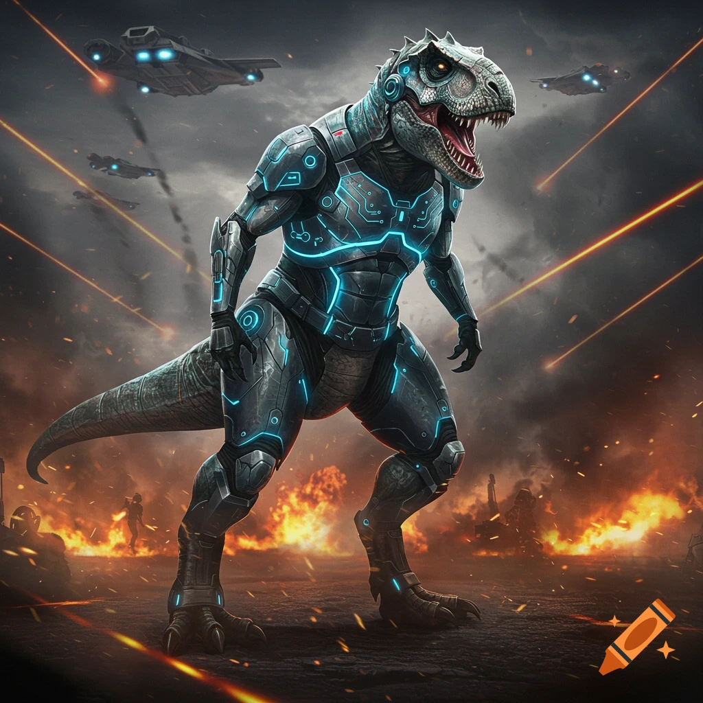 A humanoid T-rex in glowing futuristic armor stands on a fiery battlefield with spaceships and laser beams in the sky.