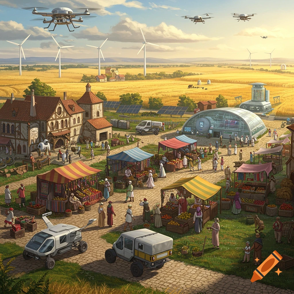 A bustling futuristic rural marketplace blending old and new architecture, with people, market stalls, drones, and wind turbines in golden fields.