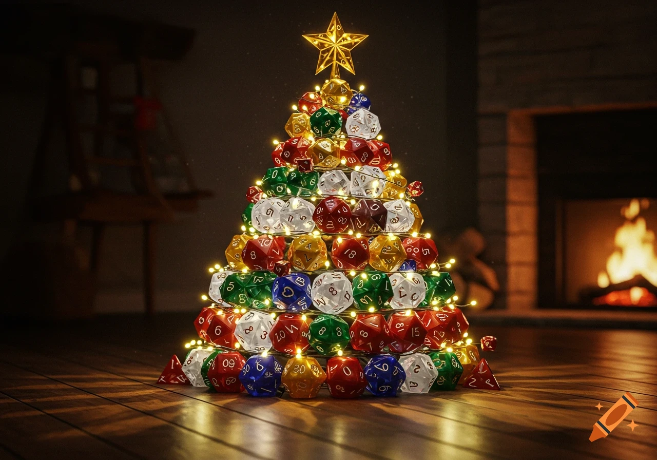 A Christmas tree made of colorful polyhedral dice, adorned with twinkling lights and topped with a golden star, set in a cozy room with a fireplace.