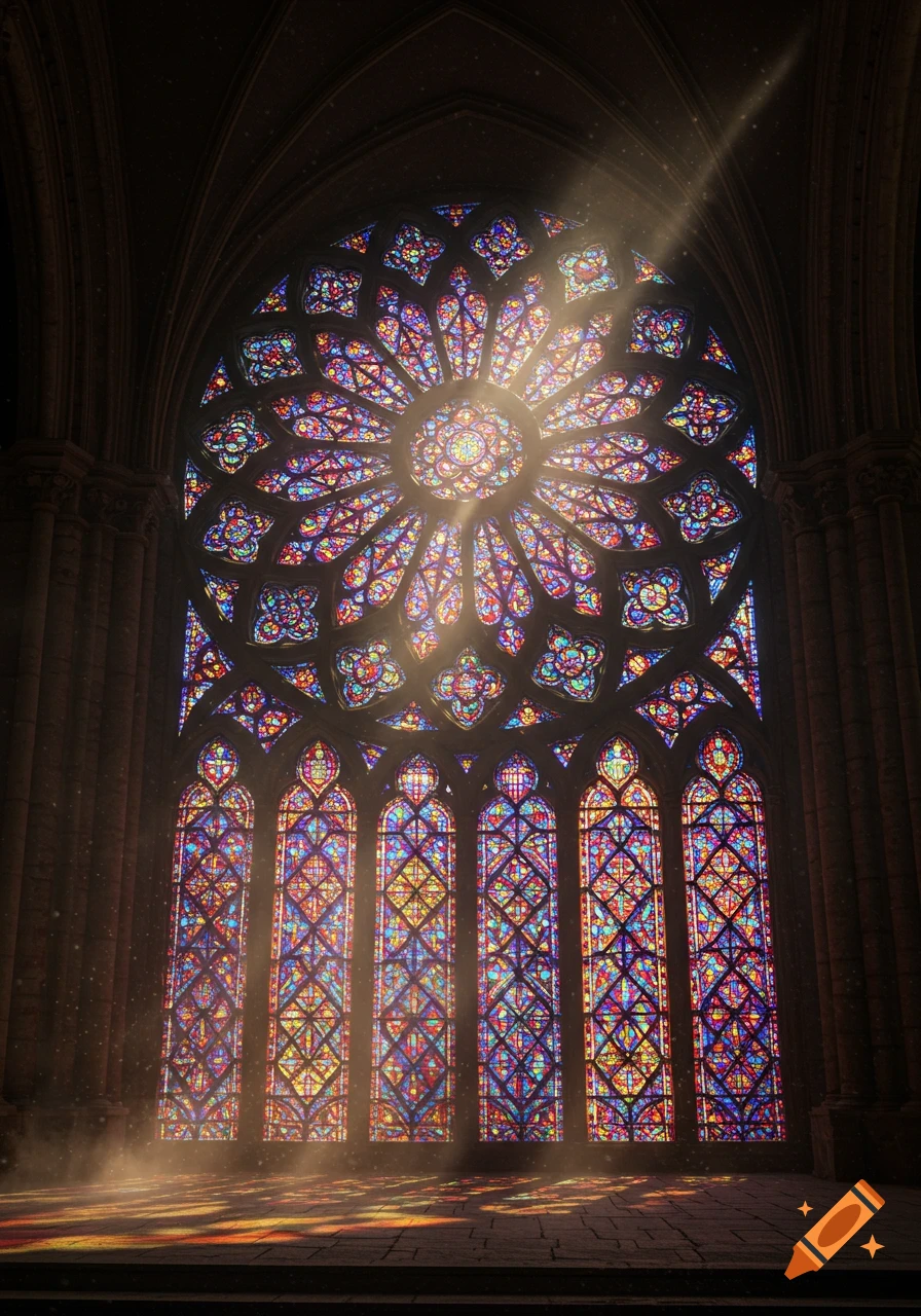 Sunlight streams through a magnificent, colorful stained glass rose window and lancet windows in a dark cathedral.