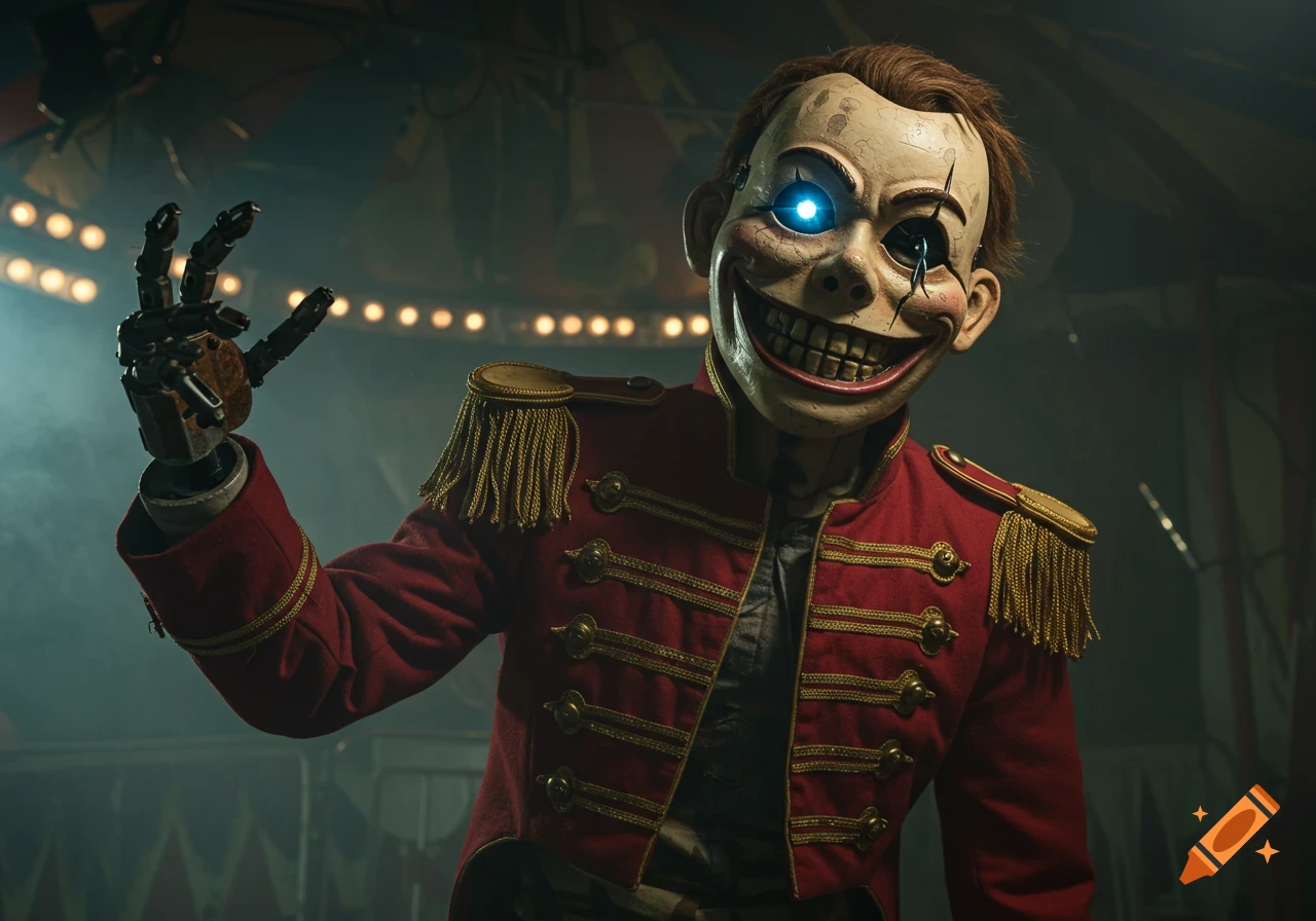 A creepy carnival animatronic in a red circus jacket with a cracked mask, glowing blue eye, and mechanical hand. Dark cinematic horror style.