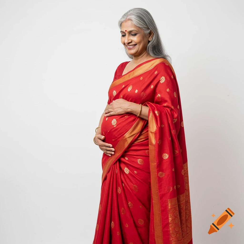Photorealistic portrait of a smiling older Indian pregnant woman in a red saree, hands on her belly, on a white background.
