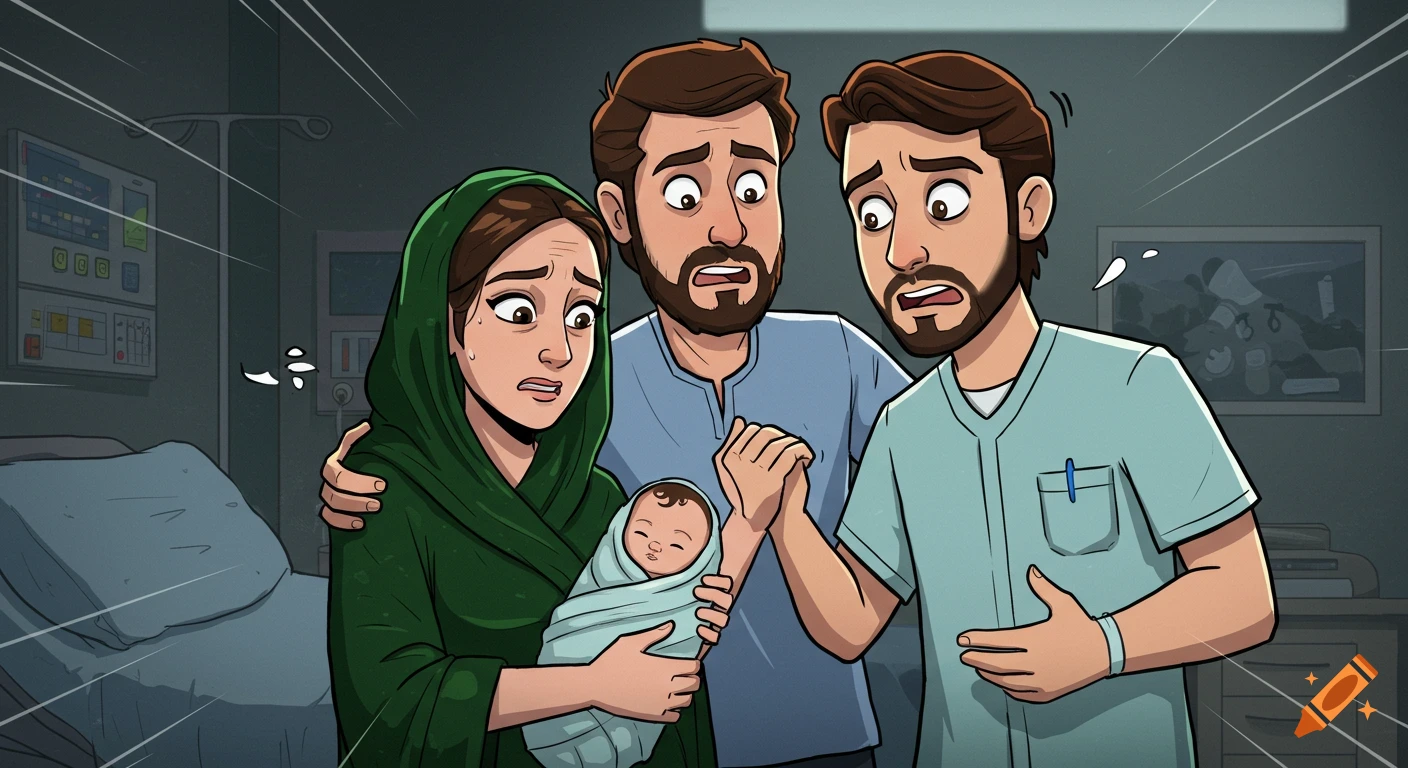 Cartoon of a mother holding a newborn baby in a hospital room, with two worried men standing beside her.