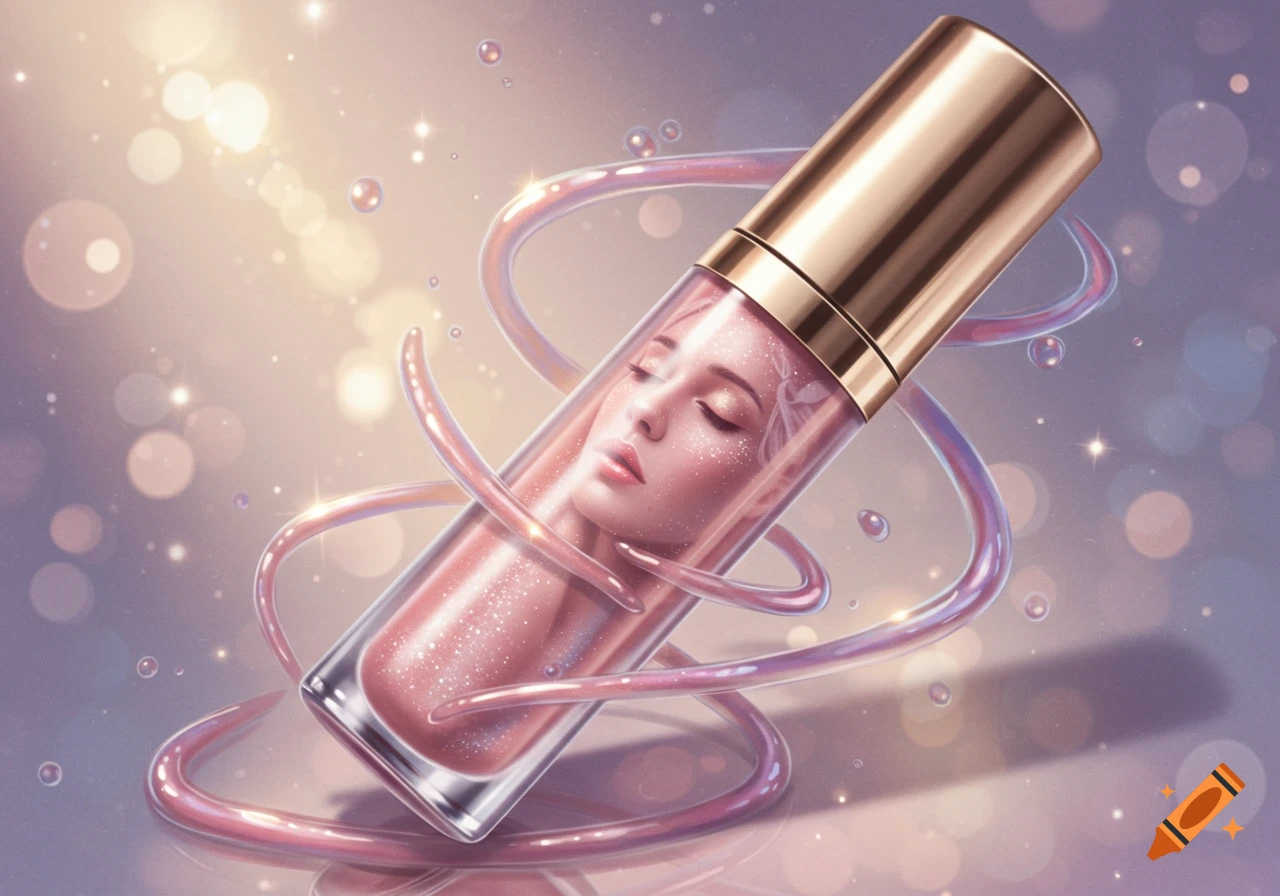 A stylized image of a woman's face within a shimmering pink lip gloss tube, surrounded by glowing bubbles and light.