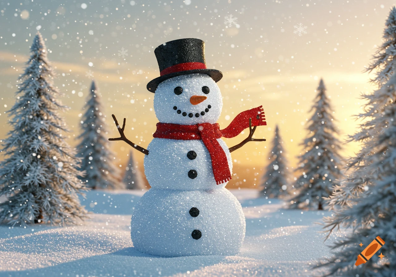 A cheerful snowman wearing a black top hat and red scarf stands in a snowy forest under a golden sky, with snowflakes falling.