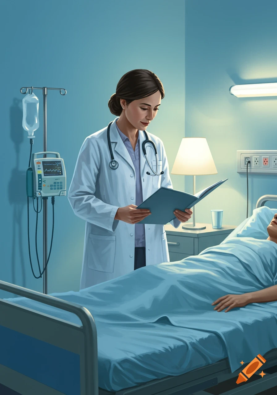 An illustration of a doctor in a hospital room, reviewing a patient's chart next to their bed.