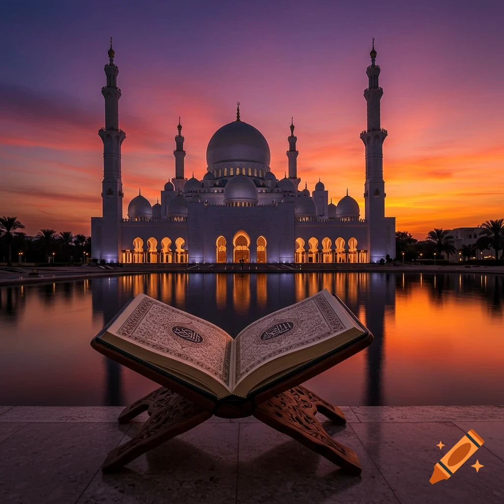 A grand mosque at sunset with its reflection in water, and an open Quran on a wooden stand in the foreground, photorealistic style.