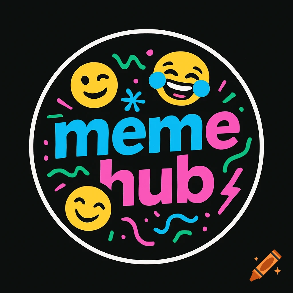 Circular logo for Meme Hub featuring blue and pink text, three yellow emojis (winking, laughing, smiling), and colorful squiggles on a black background.
