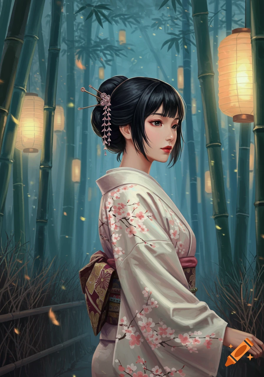 A Japanese woman in a kimono stands in a bamboo forest at night, illuminated by lanterns, in an anime-style illustration.