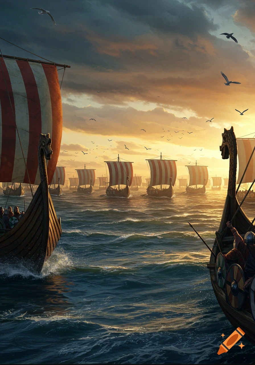 A massive fleet of Viking longships with red and white striped sails traverse a choppy sea under a dramatic sunset sky with birds flying.
