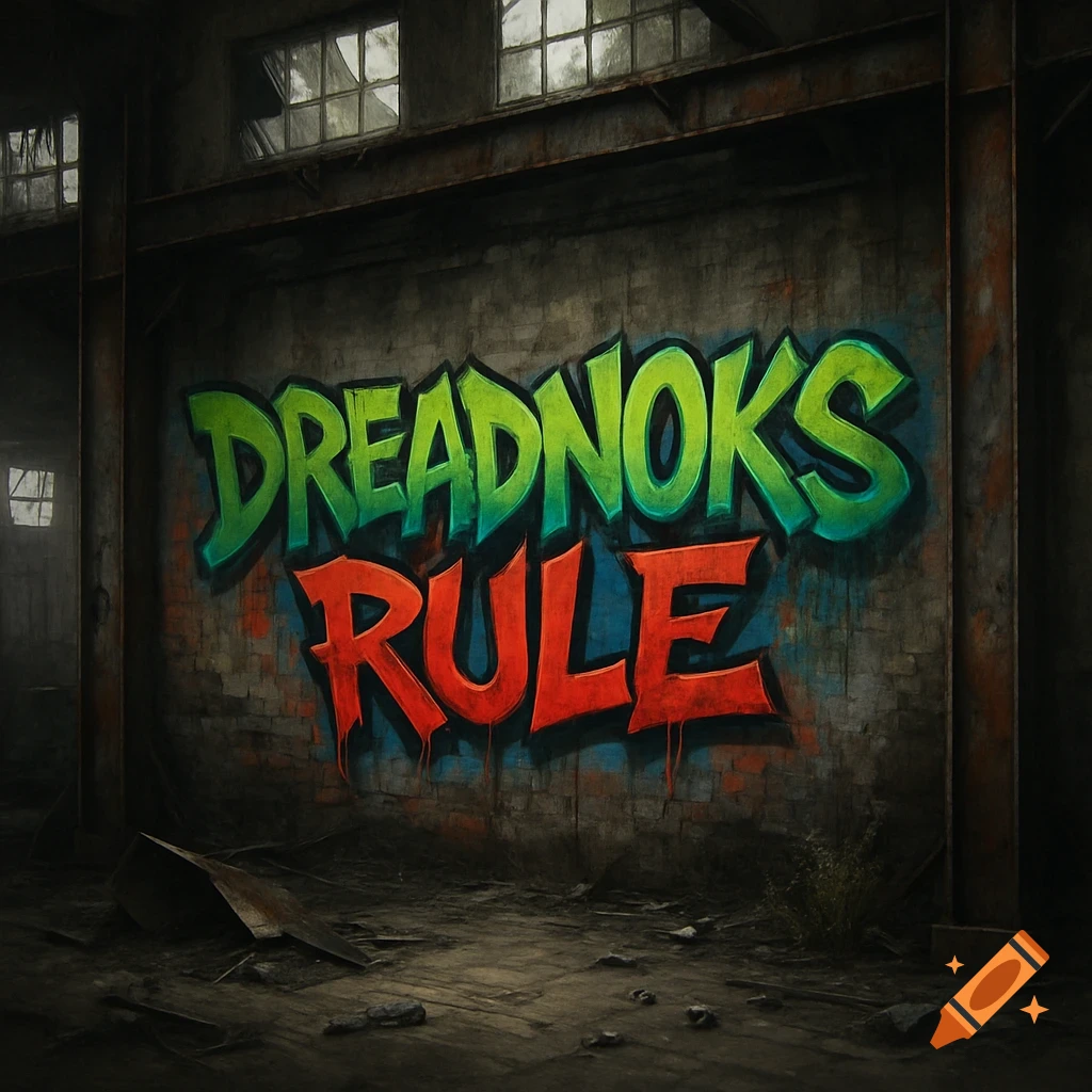 Green and red graffiti spelling 'DREADNOKS RULE' on a brick wall inside a dark, abandoned factory with broken windows.