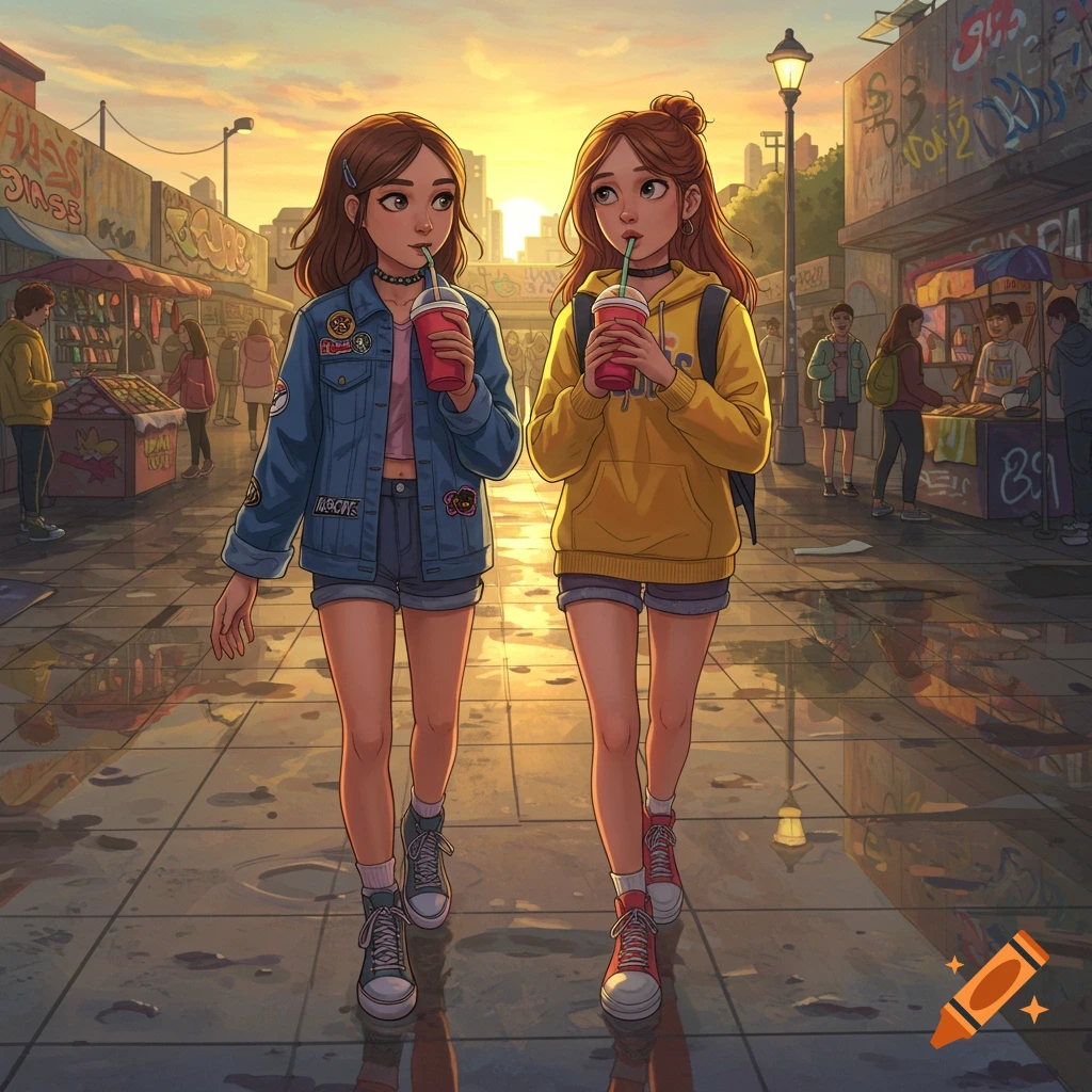 Two animated girls walk down a sunlit, graffiti-covered market street, drinking sodas.