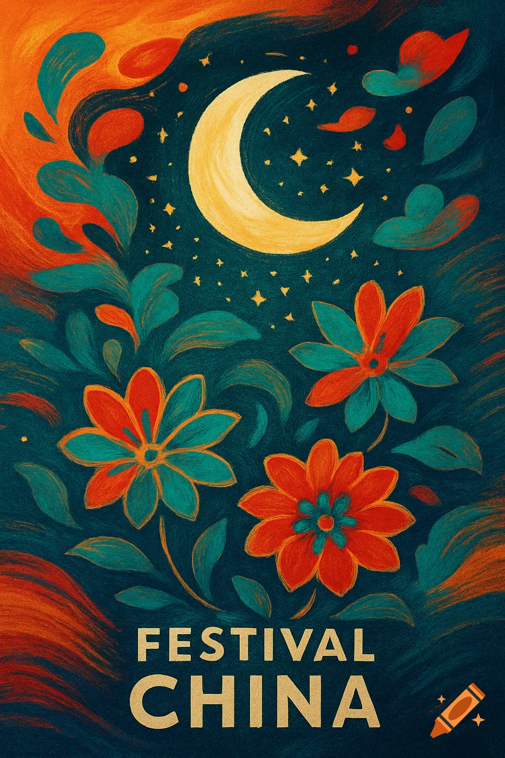 Stylized festival poster with a crescent moon, stars, and abstract orange and teal flowers. Text reads "FESTIVAL CHINA".