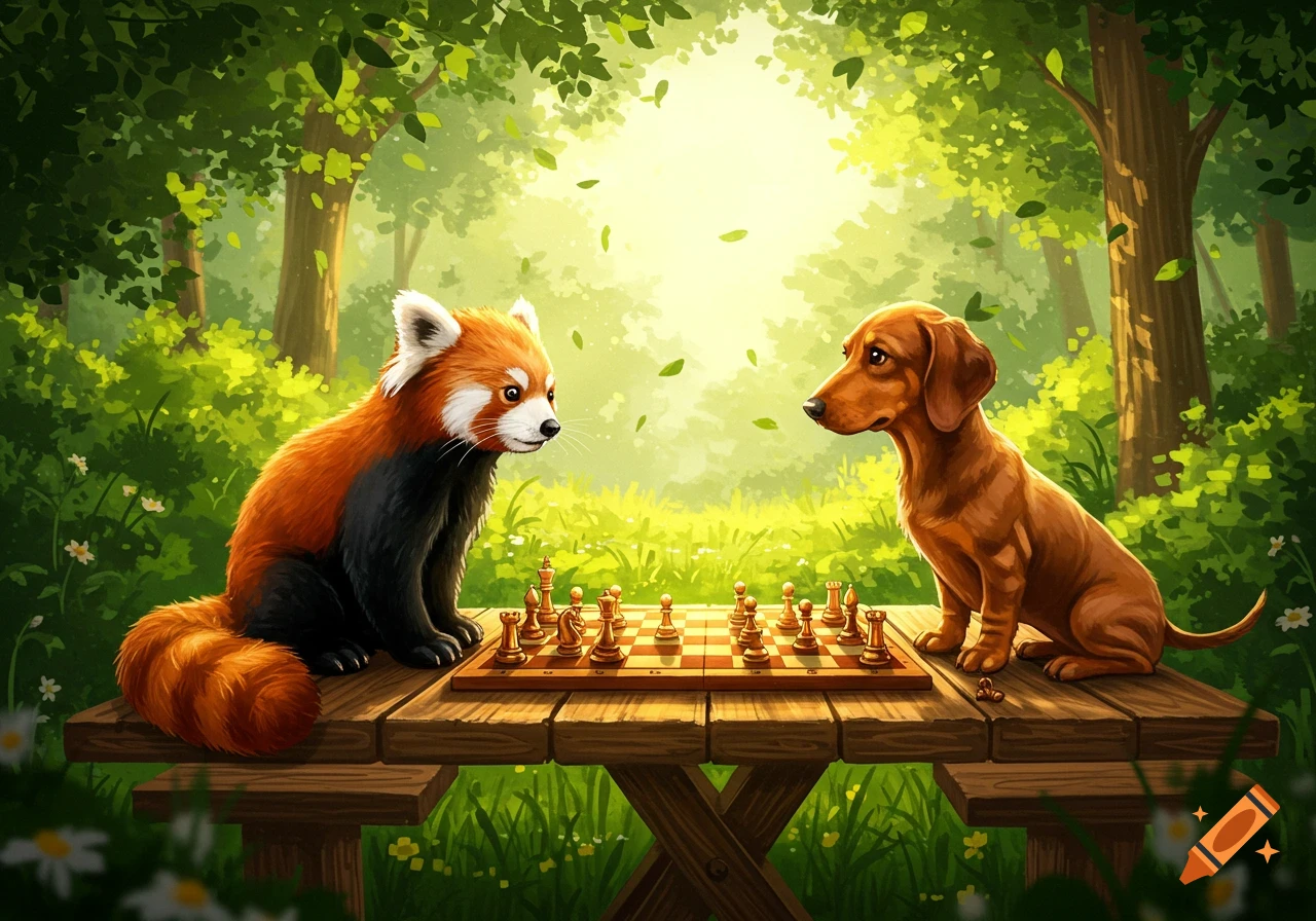 A red panda and a brown dachshund sit opposite each other at a wooden table, playing chess in a sun-dappled forest.