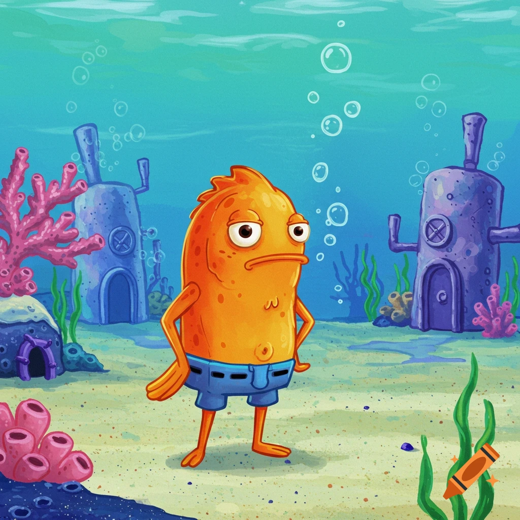 An orange cartoon fish in blue shorts stands with hands on hips, looking bored in an underwater scene with cartoon houses and coral.