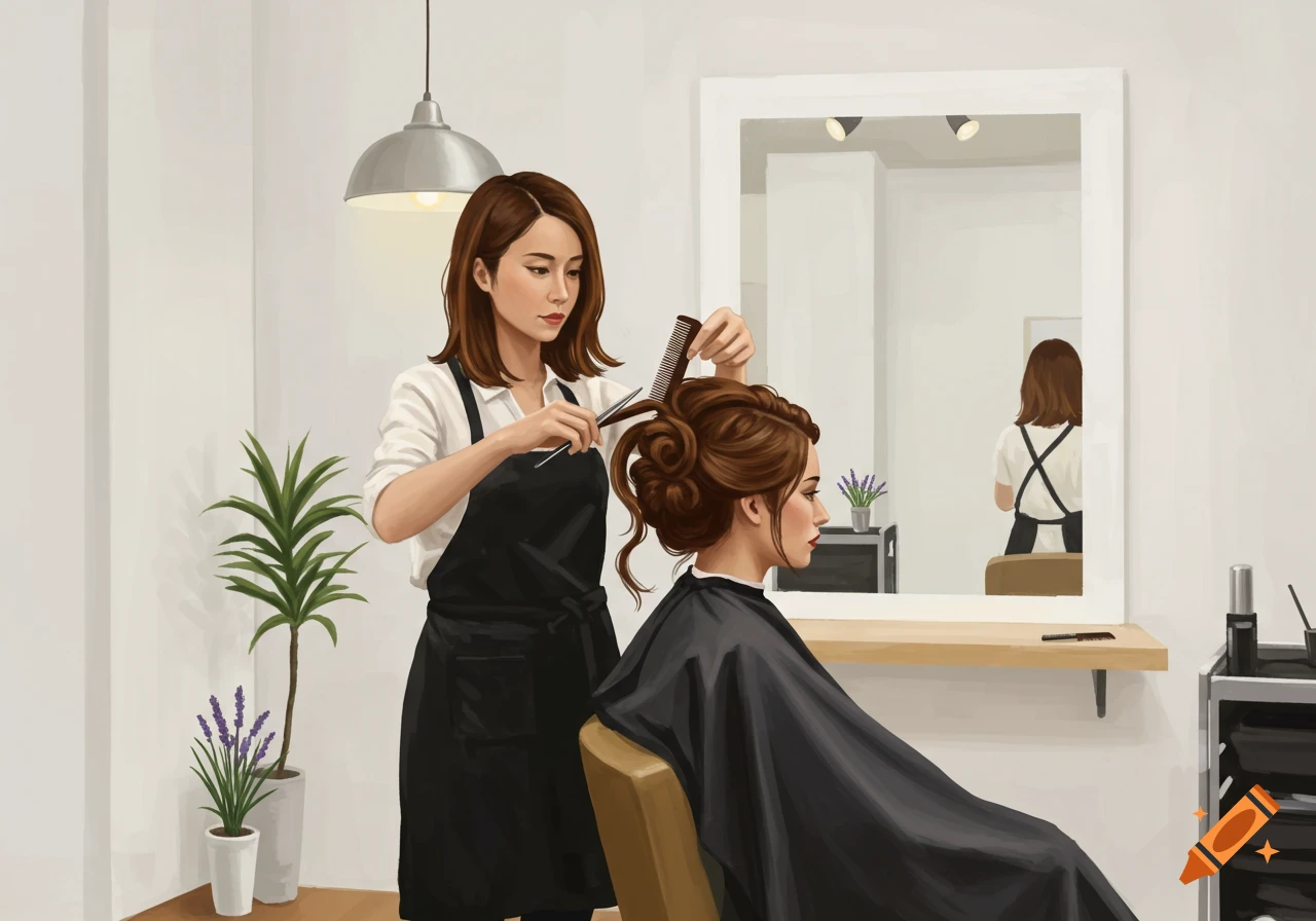 An illustration of a hairdresser creating an updo for a client in a minimalist salon.