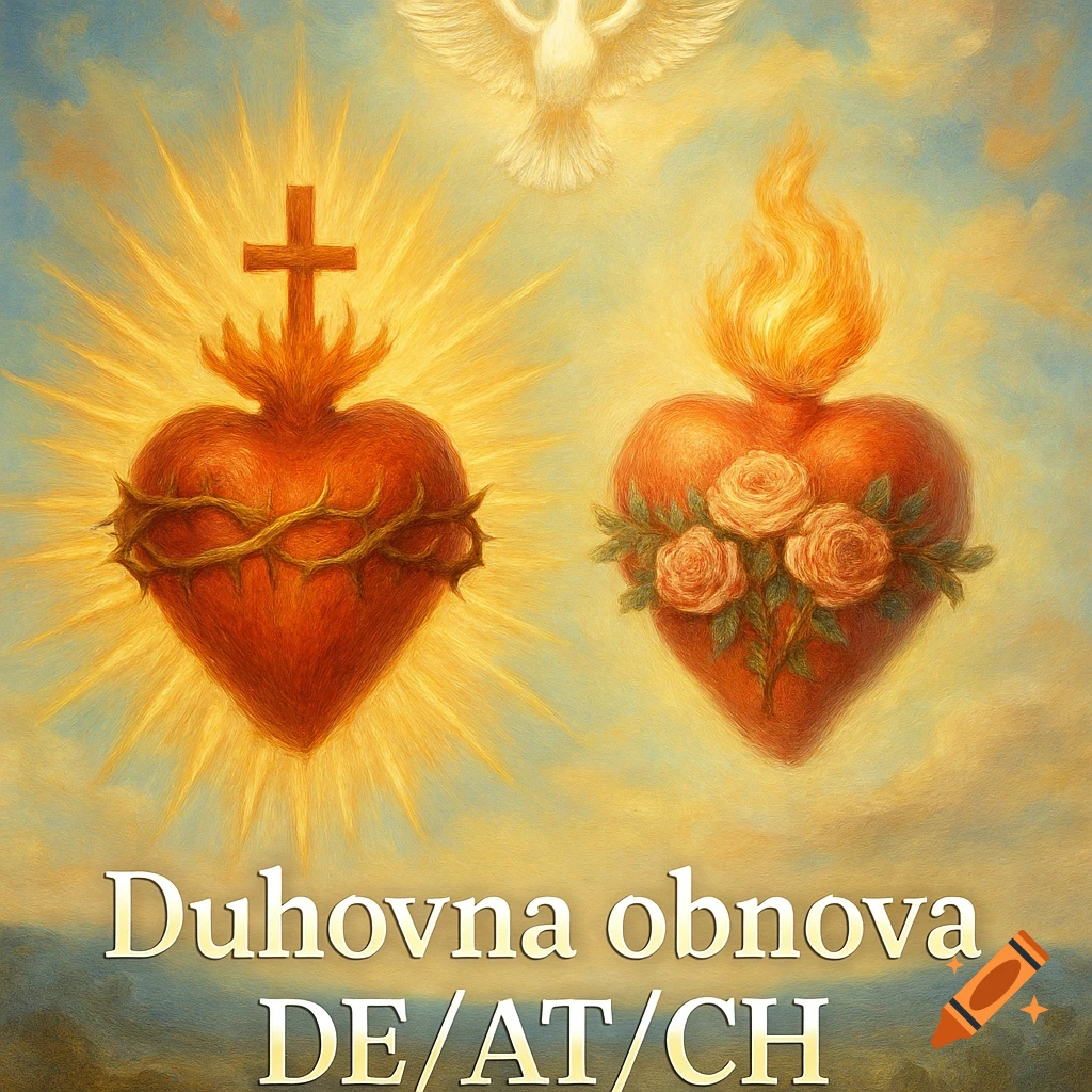A painterly depiction of the Sacred Heart of Jesus with thorns and a cross, and the Immaculate Heart of Mary with roses and fire. A white dove representing the Holy Spirit hovers above. Text reads "Duhovna obnova DE/AT/CH".
