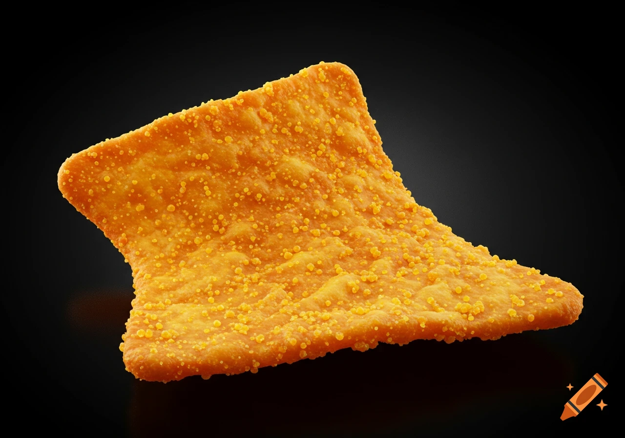 A close-up, high-quality shot of a single Dorito chip covered in orange seasoning against a dark background.