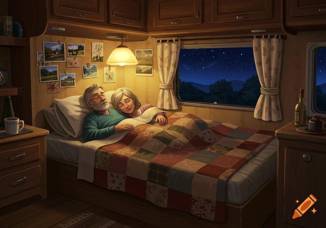 An elderly couple peacefully sleeping in a cozy bed inside a camper van at night, with a starry sky visible outside the window.