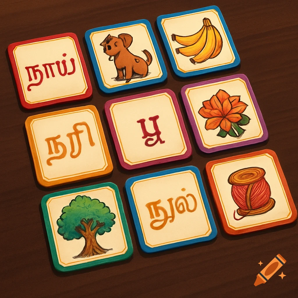 Top-down view of nine colorful memory game tiles on a wooden table, featuring illustrations of a dog, bananas, a lotus flower, a tree, a spool of thread, and Tamil words.