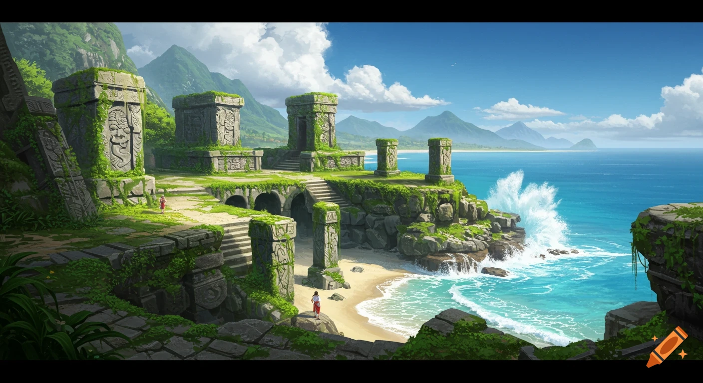 A vibrant digital painting of ancient, moss-covered stone ruins on a tropical island beach with crashing waves and distant mountains.