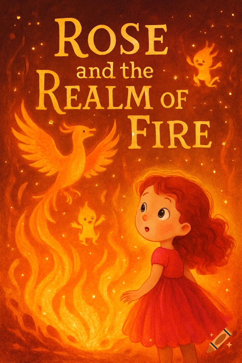 Illustrated book cover for 'Rose and the Realm of Fire' showing a surprised red-haired girl watching a fiery phoenix and small fire sprites.