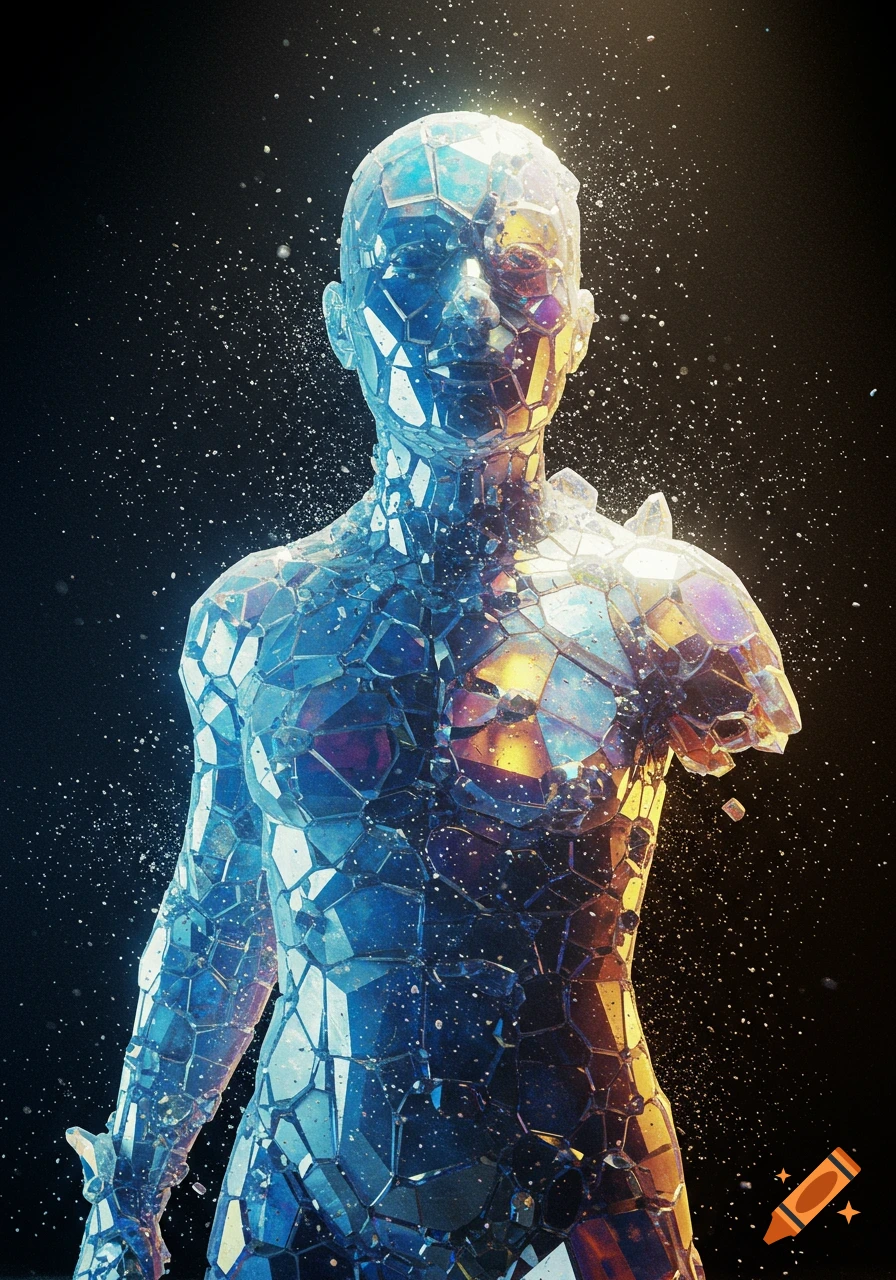 Abstract digital art of a human figure made from glowing blue, purple, and gold shattered crystals against a dark, sparkling background.