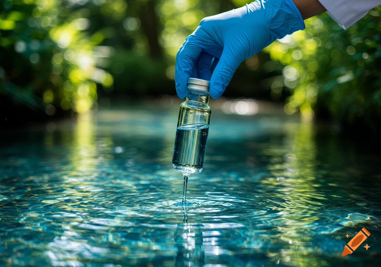 A gloved hand holds a vial, collecting a water sample from a clear stream in a lush natural setting, photorealistic style.