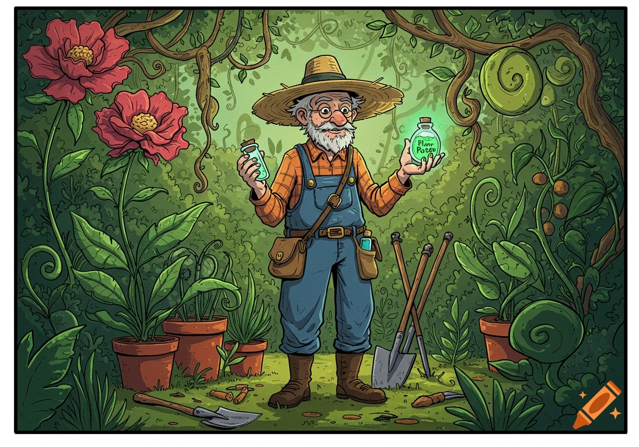 A cartoon old gardener in a straw hat and overalls holds two bottles of 'Plant Poison' in a lush, green garden with tools and large red flowers.