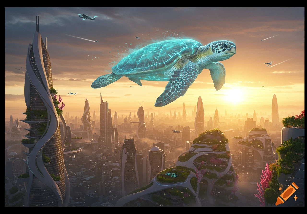 A giant glowing blue turtle flies over a futuristic city at sunrise, with sleek buildings and flying vehicles.